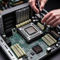 Close up of hands repairing a computer motherboard with heatsinks and other components visible inside Royalty Free Stock Photo