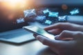 Close up of hands with smartphone checking email, floating icons in a modern workspace setting
