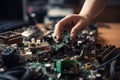 close-up of hands sorting and categorizing e-waste for recycling and reuse Royalty Free Stock Photo