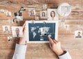 Close up of hands with tablet pc and network Royalty Free Stock Photo