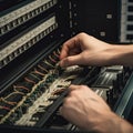 Close up of hands of technician repairing servers in data center. IT Engineer hands close up shot installing fiber cable, Ai