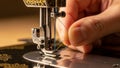 Close up hands threading blue thread through vintage sewing machine needle with decorative gold embroidered fabric crafting Royalty Free Stock Photo
