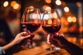 Close up of hands toasting wine at party, Generative AI