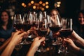 Close up of hands toasting wine at party, Generative AI