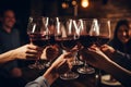 Close up of hands toasting wine at party, Generative AI