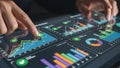 Hands interacting with futuristic digital dashboard displaying financial charts and graphs Royalty Free Stock Photo
