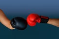 Close-up hands of two boxers in red and black boxing gloves closed for sports greeting on dark background with space for copy text Royalty Free Stock Photo