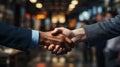 Close-up of the hands of two businesspeople in suits shaking hands. AI Generated.