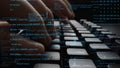 Close-up of Hands Typing Code on a Keyboard with Overlay of Programming Syntax and Digital Data, Showcasing Technology Royalty Free Stock Photo