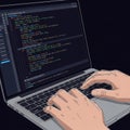Close-up of hands typing code on a laptop keyboard with programming interface visible Royalty Free Stock Photo