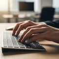 Close up of hands typing on a computer keyboard in office Royalty Free Stock Photo