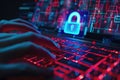 Close-up of hands typing on an illuminated keyboard with digital locks and security icons.