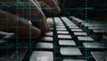 Close-Up of Hands Typing on Keyboard with Digital Code Overlay Representing Programming and Technology in a Futuristic Royalty Free Stock Photo