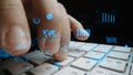 Close-Up of Hands Typing on Keyboard with Digital Interface Displaying Data Charts and Graphs, Representing Technology Royalty Free Stock Photo