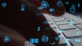 Close-up of Hands Typing on a Keyboard with Futuristic Data and Analytics Visuals Overlaying Technology and Digital Royalty Free Stock Photo