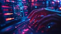 Hands typing on a keyboard with glowing red and blue code on the screen Royalty Free Stock Photo