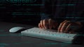 Close-Up of Hands Typing on a Keyboard Surrounded by Code and Programming Language Text in a Dimly Lit Room with a Royalty Free Stock Photo