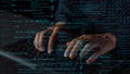 Close-Up of Hands Typing on a Keyboard Surrounded by Digital Code and Programming Language Text in a Dark Environment Royalty Free Stock Photo