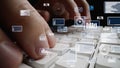 Close-up of Hands Typing on Keyboard Surrounded by Digital Data Visualizations and Graphs Representing Technology and Royalty Free Stock Photo