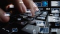 Close-Up of Hands Typing on a Keyboard Surrounded by Floating Data Visualizations and Analytics Representations for Royalty Free Stock Photo
