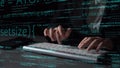 Close-Up of Hands Typing on Keyboard Surrounded by Lines of Code and Algorithms Representing Software Development and Royalty Free Stock Photo