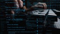 Close-Up of Hands Typing on a Keyboard Surrounded by Lines of Code and Programming Language Characters in a Dark Setting Royalty Free Stock Photo