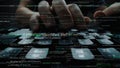 Close-Up of Hands Typing on Keyboard Surrounded by Lines of Code and Programming Syntax in Dark Environment for Royalty Free Stock Photo