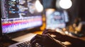 Close up of hands typing on a laptop with code display and blurred lights Royalty Free Stock Photo