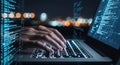 Close up of hands typing on a laptop with glowing code on screens at night Royalty Free Stock Photo
