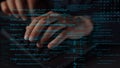 Hands Typing on Laptop with Digital Code Overlay, Representing cyber security, Programming, and Technology in Modern Royalty Free Stock Photo