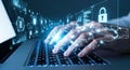 Cybersecurity expert s hands typing on a laptop with glowing digital network and lock icons symbolizing data protection Royalty Free Stock Photo