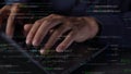 Close-up of Hands Typing on Laptop Keyboard Surrounded by Lines of Code and Programming Syntax in a Dark Environment Royalty Free Stock Photo