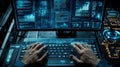 Software developer programming futuristic transparent keyboard and computer interface Royalty Free Stock Photo