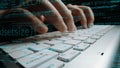 Close-up of Hands Typing on White Keyboard with Digital Code and Programming Syntax in Background, Representing Royalty Free Stock Photo