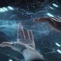 Close-up of hands (unidentifiable, only lower arm visible) interacting with a transparent holographic interface dis Royalty Free Stock Photo