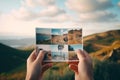 Close up hands unrecognizable traveler tourist man holding postcard photo image picture photography collage images of Royalty Free Stock Photo