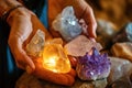 Close-up of hands using crystal therapy on a client