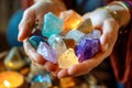 Close-up of hands using crystal therapy on a client