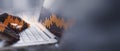 Close up of hands using laptop with glowing downward business chart on blurry wide perspective background with mock up place.