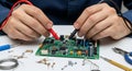 Hands testing electronic circuit board with multimeter and tools Royalty Free Stock Photo
