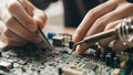 Hands repairing electronic circuit board with tweezers and soldering iron Royalty Free Stock Photo