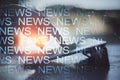 Close up of hands using tablet with creative news header hologram Royalty Free Stock Photo
