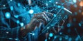 Close up of hands using tablet device with digital network connections and glowing blue nodes, representing global Royalty Free Stock Photo