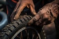 close-up of hands using tire levers to remove bike tire