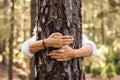 Close up of hands of woman hugging tree trunk in forest. Woman embracing tree with love and care. Woman hands protecting tree for Royalty Free Stock Photo