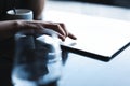 Close up of hands woman using her tablet pc in restaurant,cafe. Royalty Free Stock Photo