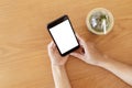 Close up hands of woman using mobile phone, cell phone in coffee shop. Hands of women holding blank empty screen smart phone in Royalty Free Stock Photo