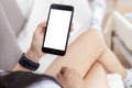 Close up hands of woman using mobile phone, cell phone in coffee shop. Hands of women holding blank empty screen smart phone in Royalty Free Stock Photo