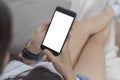 Close up hands of woman using mobile phone, cell phone in coffee shop. Hands of women holding blank empty screen smart phone in Royalty Free Stock Photo