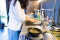 close up hands of Woman Washing Dishes in the kitchen Royalty Free Stock Photo